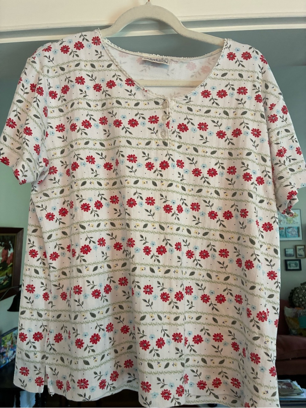 Basic Editions White Short-Sleeve Top with Red Floral Print